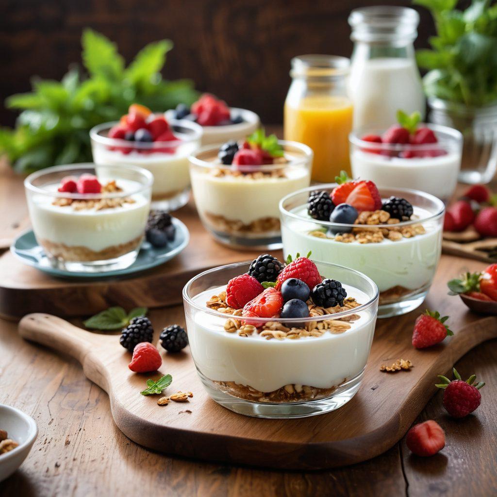A delightful array of yogurt desserts elegantly arranged on a wooden table, featuring colorful toppings like fresh berries, honey drizzles, and granola. Soft natural light illuminates the scene, creating a warm and inviting atmosphere. The background showcases a blurred kitchen ambiance with plants and utensils, emphasizing the homemade aspect. Include a hint of a sprig of mint for freshness. super-realistic. warm tones. soft focus.
