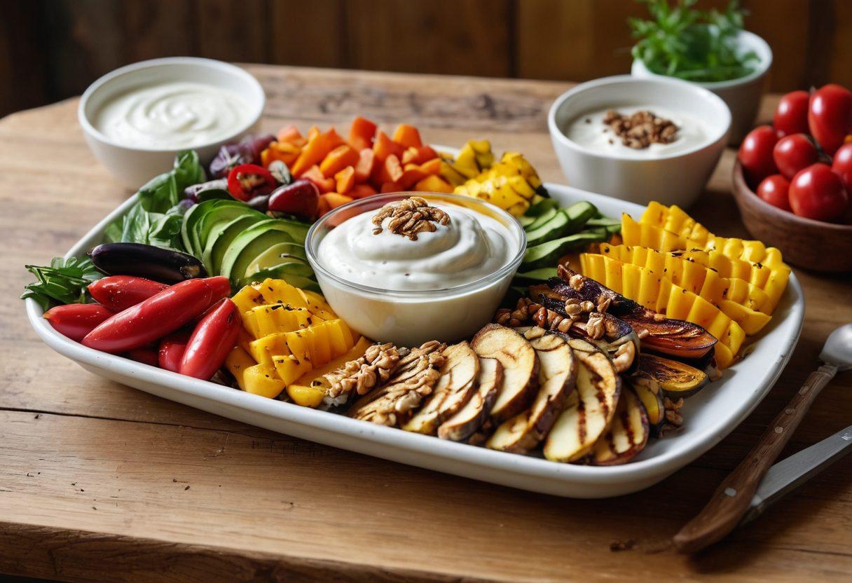 A vibrant kitchen scene showcasing a variety of dishes elevated with yogurt, including a creamy yogurt sauce drizzled over grilled vegetables, a yogurt parfait with fresh fruits and granola, and a yogurt-based dip surrounded by colorful vegetables. Bright, natural lighting enhances the textures of the foods, creating an inviting atmosphere. The background features a rustic wooden table. super-realistic. vibrant colors. white background.
