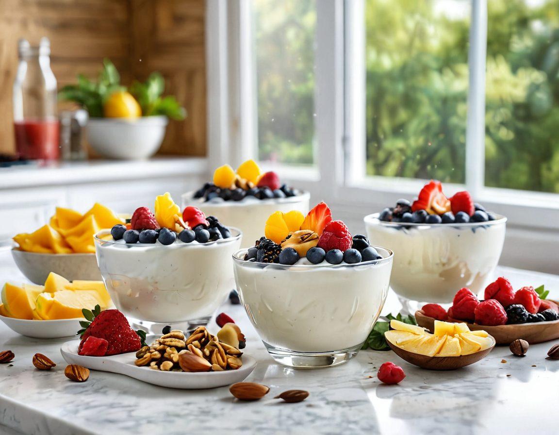 A vibrant table set with an array of yogurt bowls topped with fresh fruits, nuts, and seeds, showcasing the versatility of yogurt. In the background, a sunny kitchen with greenery and various yogurt brands. Bubbles of yogurt splashing into the air to convey freshness. The overall atmosphere should feel inviting and wholesome. bright colors. super-realistic. airy background.